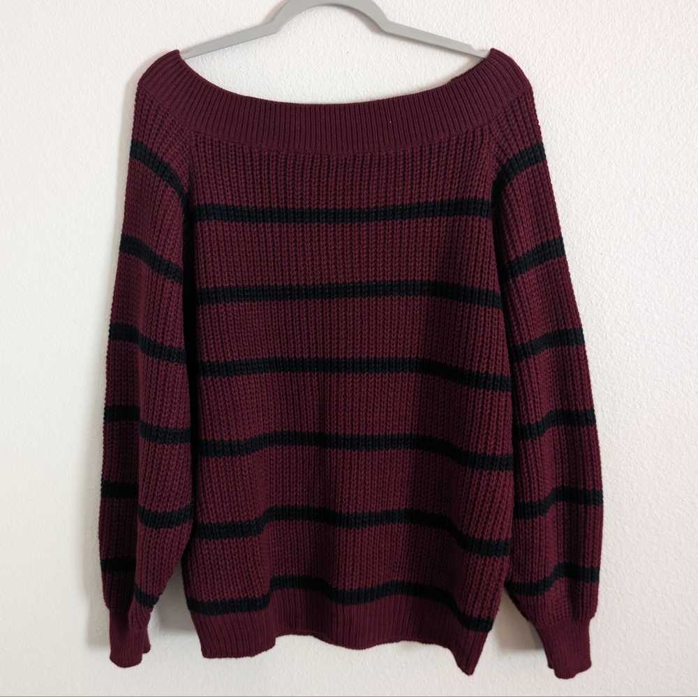 Oversized Off Shoulder Striped Burgundy and Black Women's Sweater Size S NWOT